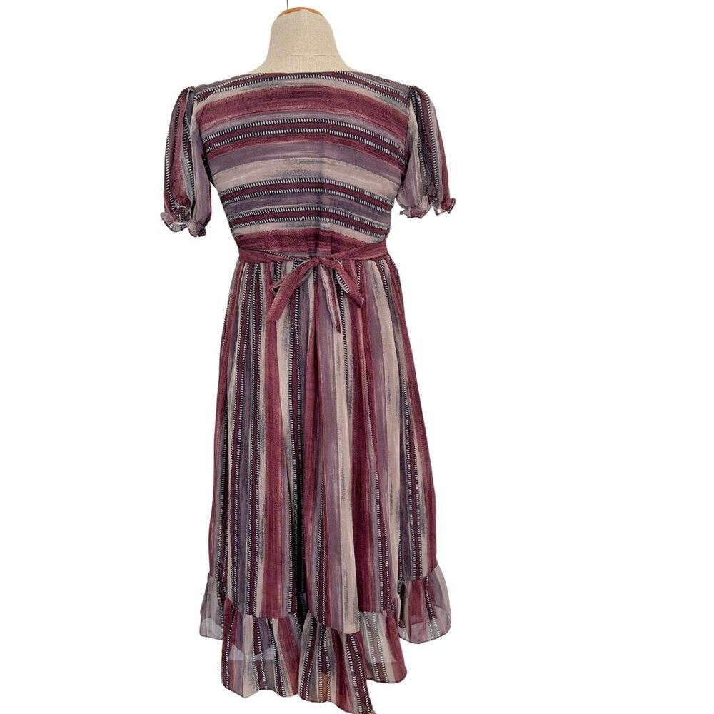 Boho Beaded Striped V-Neck Empire Waist Midi Dress M Burgundy Mauve Puff Sleeve - Picture 2 of 9